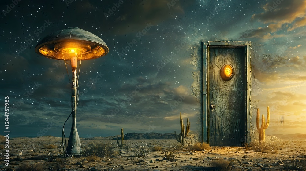 Poster a mysterious portal or hidden door opens in the desolate desert landscape revealing an ancient glowi