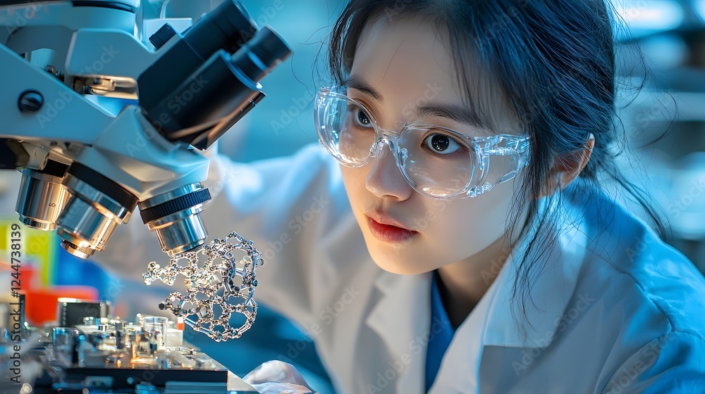 Poster A scientist in a high tech laboratory intently examining and analyzing a floating unknown metal alloy sample using advanced scientific equipment and techniques