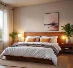 Serene bedroom with gentle warm lighting and natural textures, reclaimed wood headboard, calming atmosphere, woven basket