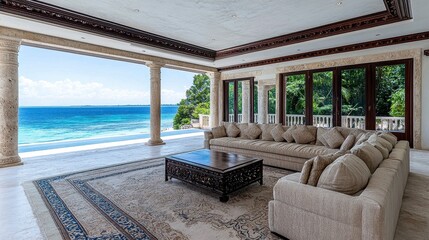 Fototapeta premium Spacious Ocean View Living Room with Beige Sofa and Patterned Rug
