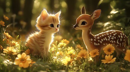 Fototapeta premium Kitten, fawn, forest, flowers, sunlight, friendship, digital art, illustration, spring
