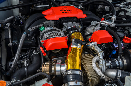 Customized engine featuring advanced components, showcasing a high-performance Subaru and Toyota Boxer engine for automotive modification enthusiasts
