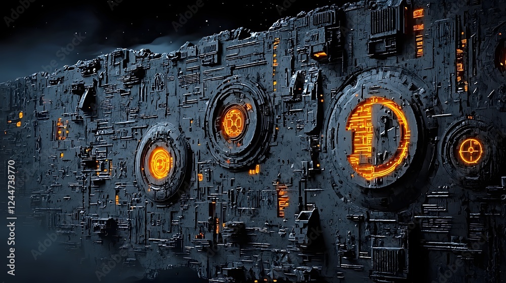 Poster abandoned alien city with strange glowing symbols etched into the crumbling decaying walls of its my