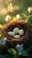 Obraz premium Natural bird nest cradling speckled eggs with spring flowers and sunlight filtering through leaves