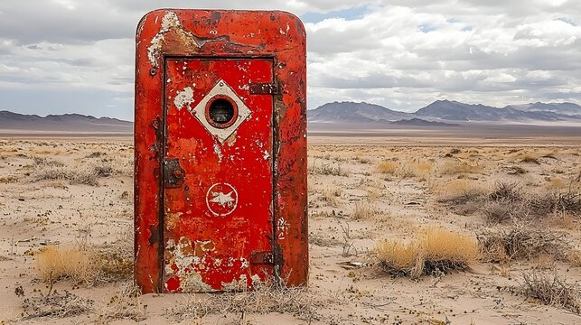 An Abandoned Rusty Red Door Revealing a Hidden Ancient Alien Spacecraft in the Barren Desert Landscape of a Remote and Mysterious Location Possibly Tied to the Legends of Area 51