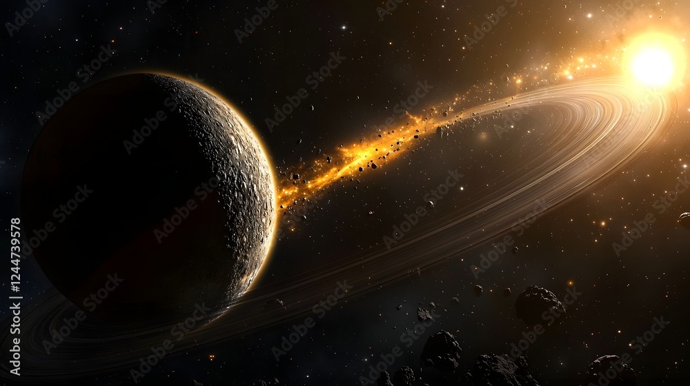 Poster Breathtaking sight of a massive enigmatic ring like structure orbiting a distant exoplanet against the backdrop of the vast awe inspiring universe