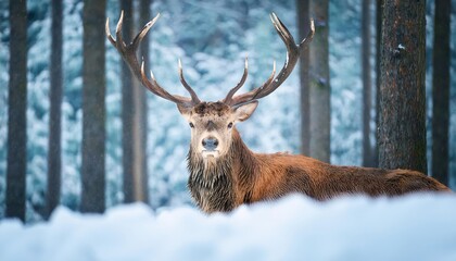 Striking Red Deer Gaze in Winter Forest Majestic Wildlife Amidst Frosty Landscape, Embracing the Tranquility of Natures Winter Beauty.