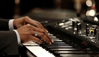 Fototapeta premium A Musician's Hands Gracefully Playing the Piano Keys.
