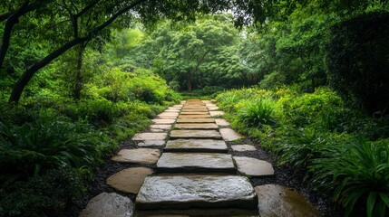 Obraz premium Stone Pathway Through Lush Green Garden After Rain