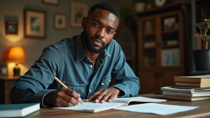 young african american man sitting wooden desk notebook open front him wearing blue denim shirt has pen his hand appears deep thought serious expression his face desk several books stack books