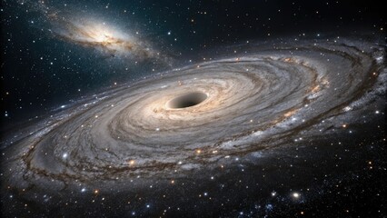 Obraz premium Small particles orbiting a central black hole, space exploration, cosmic energy, spacecraft, gravity field, asteroid