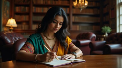young woman sitting wooden table library she wearing traditional indian saree green blouse gold necklace she has long dark hair holding pen her right hand writing notebook notebook open woman appears