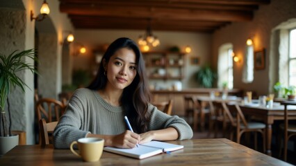 young woman sitting wooden table restaurant she wearing gray sweater has notebook open front her pen her hand she has smile her face looking directly camera coffee cup table next her restaurant has