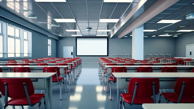 Modern auditorium setup with projector screen for slow motion video presentations and mockup visuals