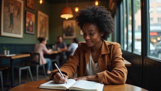 young woman sitting wooden table restaurant cafe she wearing brown jacket has afro hairstyle woman holding pen writing notebook open table front her she appears focused her work background people