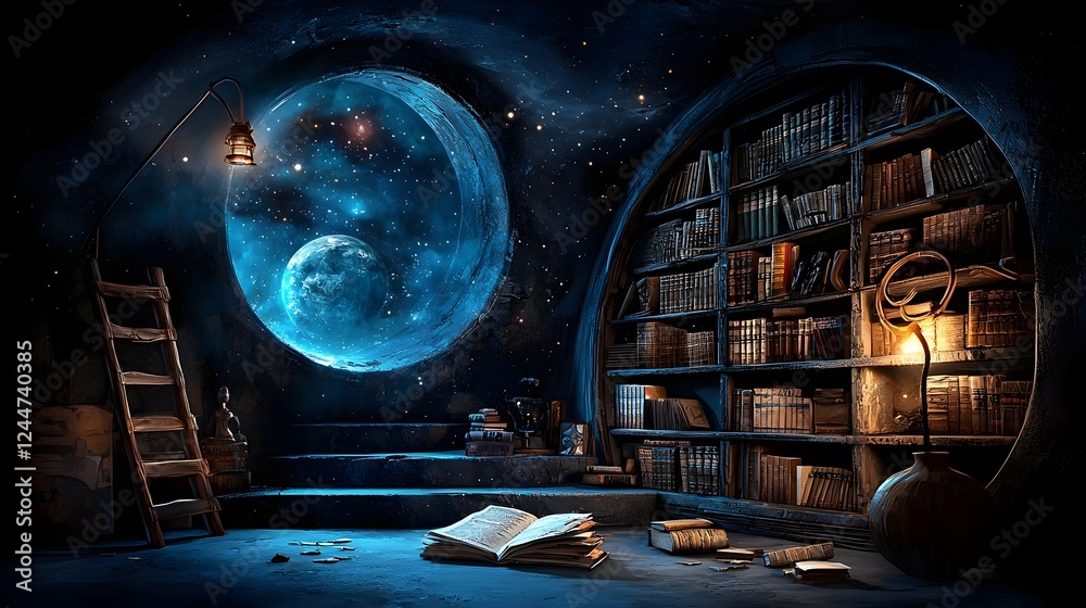 Poster Cosmic library filled with tomes and scrolls containing the collective knowledge of long lost civilizations millions of years old waiting to be discovered and explored