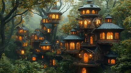Obraz premium Illuminated treetop village in misty forest; fantasy architecture, magical setting; ideal for fairytale book covers