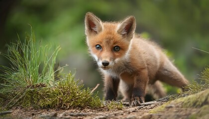 Adorable Red Fox Cub Frolicking in Wintery Forest A Captivating Scene of Furry Playfulness and Wintry Wonders, Perfect for Wildlife Artwork or Cozy Home Decor.