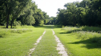 Fototapeta premium Sunlit Path Through Lush Green Meadow and Leafy Trees