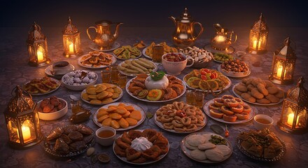 Naklejka premium Ramadan Feast Delicious Sweets and Savories Table