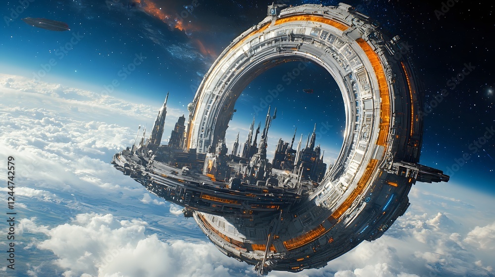 Poster futuristic alien cityscape floating in the void between galaxies surrounded by a breathtaking cosmic