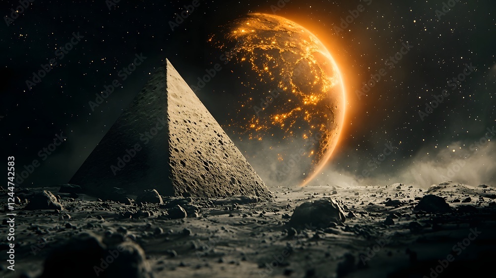 Poster futuristic and fantastical glowing pyramid like structure standing on the surface of the moon emanat