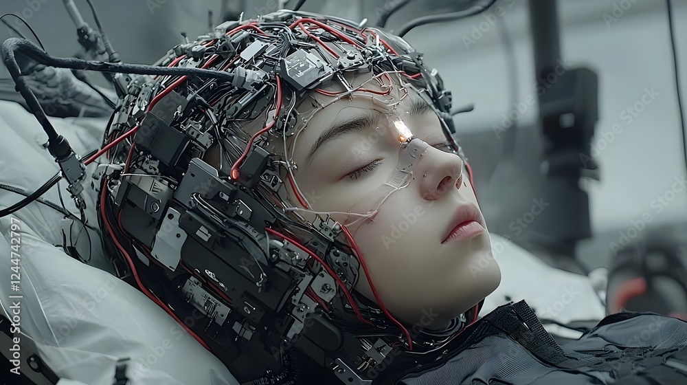 Aufkleber Futuristic Mind Control Experiment with Advanced Brain Machine Interface Technology  Close up view of a human subject s head connected to a complex cyberpunk style headgear