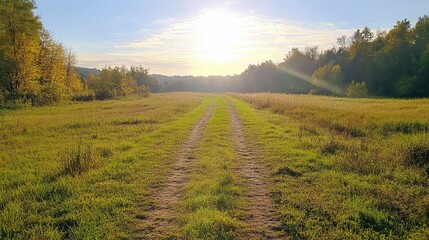 Obraz premium Sunlit Path Through a Verdant Field at Sunrise