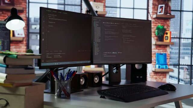 Empty AI tech agency office providing custom software development services. Technology venture workspace using machine learning to streamline coding process in startup office, handheld camera shot