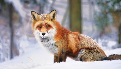 Obraz premium Winter Tranquility A Regal Red Fox Basks in the Serene Snowy Forest, with the Frosty Trees and the Majestic Winter Landscape as a Backdrop