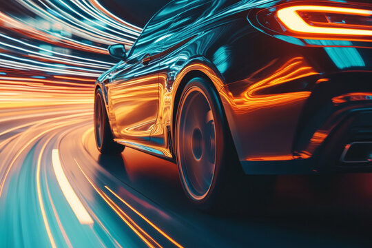 Lights of cars in motion, creating light trails, lines from car headlights - Powered by Adobe