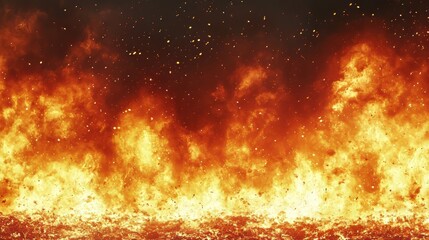 From the heart of a large fire, burning red hot sparks rise, illuminating a bonfire scene. A 3D illustration showcases glowing fiery orange and red ember particles against a black background in