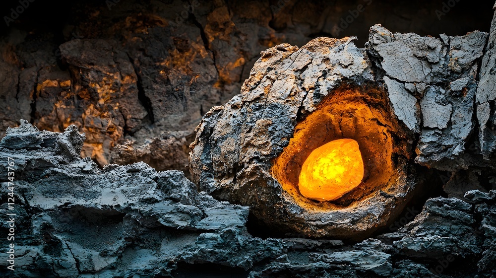 Poster glowing extraterrestrial rock formation in mysterious lunar cave surreal and captivating geological 