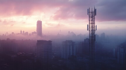 Fototapeta premium Telecommunication towers tower over an urban environment at dusk