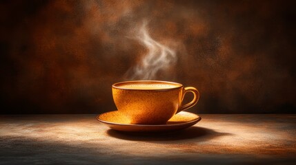 Obraz premium Steaming coffee cup on rustic surface, warm background