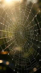 Spider web glistening with dewdrops in morning light, greenery, droplet
