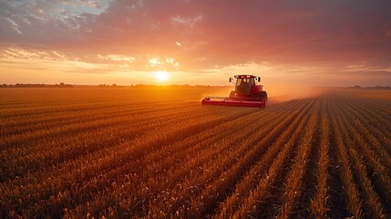 Obraz premium Tractor harvesting wheat field at sunset