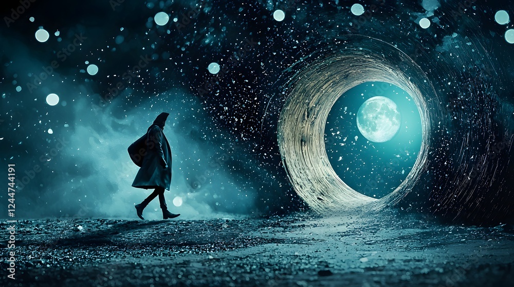 Poster Lone silhouetted figure walking through a shimmering mysterious interdimensional portal exploring the realms of the unknown and the supernatural