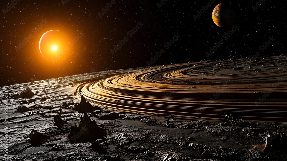 Poster Massive orbiting ring like structure of an alien world in the starry night sky depicting a futuristic science fiction landscape of an exoplanet with a mysterious celestial phenomenon