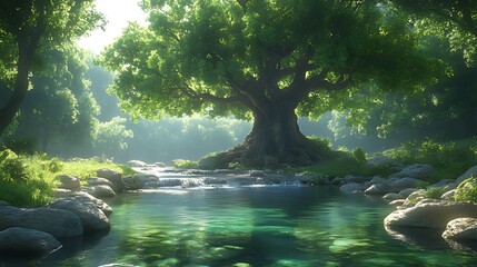 Majestic forest tree, stream, sunlight, tranquil scene, nature background, idyllic, peaceful, poster