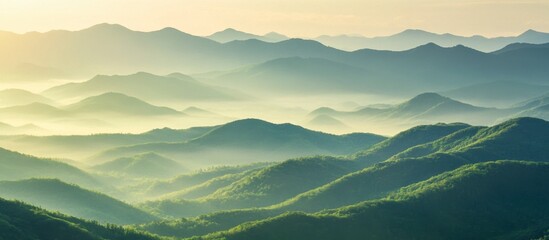 Misty Mountain Ridges at Sunrise, layered nature scene with ethereal light, background landscape.