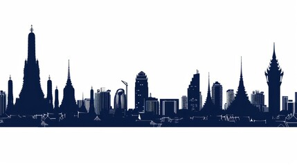 Obraz premium Bangkok skyline silhouette with temples and modern buildings against white background for travel and tourism concepts