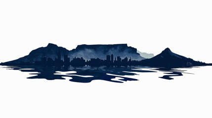 Obraz premium Cape Town skyline silhouette with Table Mountain reflection in serene waters, minimalist illustration style