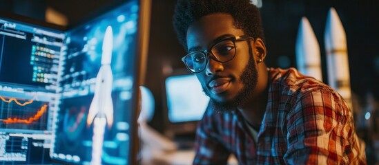 Focused African American Engineer Designing Rockets at Night, Innovation