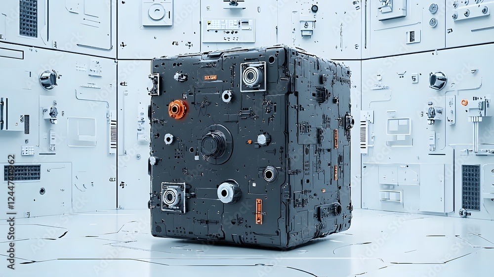 Poster Mysterious black cube levitating and suspended inside a classified high tech research facility  The cube appears to be an advanced experimental device or technology being studied in a secure