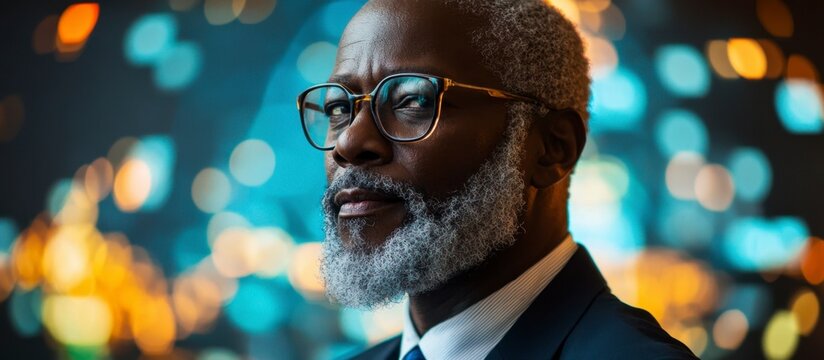 Contemplative African man with glasses in suit amidst bokeh