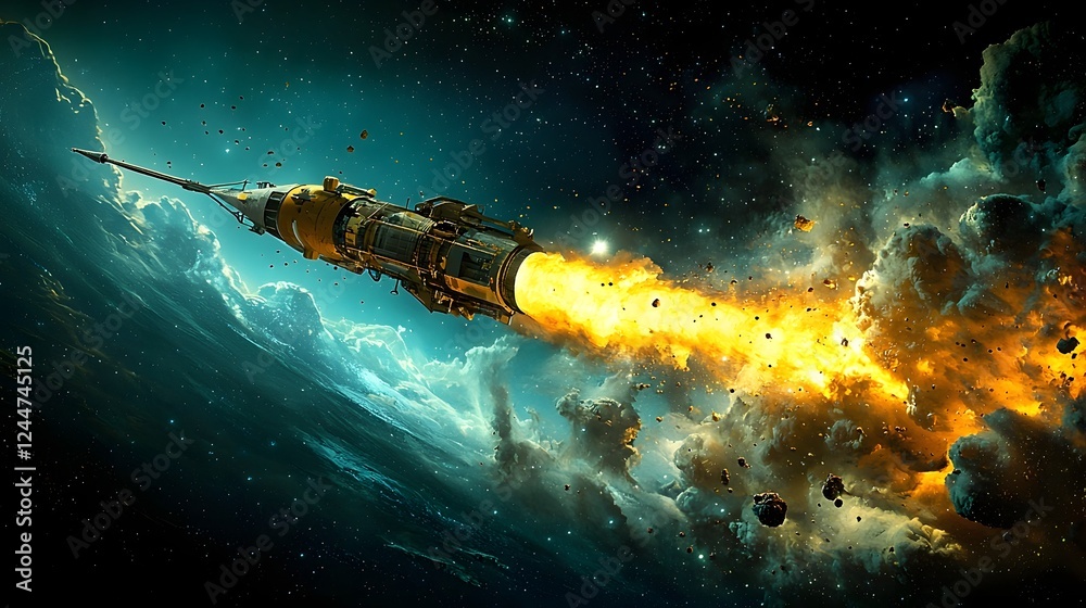 Aufkleber Mysterious cosmic radiation signals from deep space trigger a dramatic and fiery explosion of a futuristic spacecraft