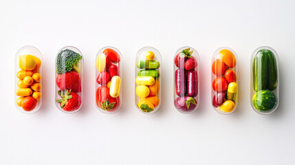 A Colorful fruits and vegetables inside clear capsules arranged in lines, showcasing vibrant colors and detailed textures