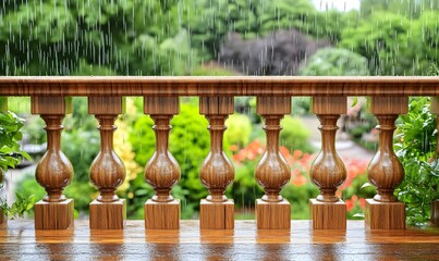 Rainy day balcony view, garden background; nature scene