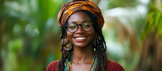Smiling Black Woman Anthropologist Exploring Tribal Cultures in a Lush Environment